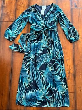 NWT Club Soda Teal Palm-Print Wrap Maxi Dress with Tie Waist